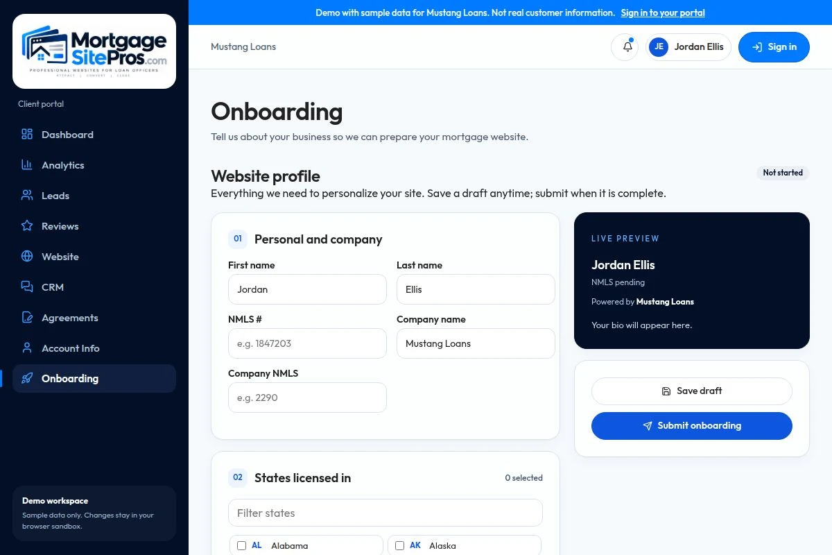 Mortgage Site Pros demo portal onboarding screen used to set up a loan officer website, shown with sample data