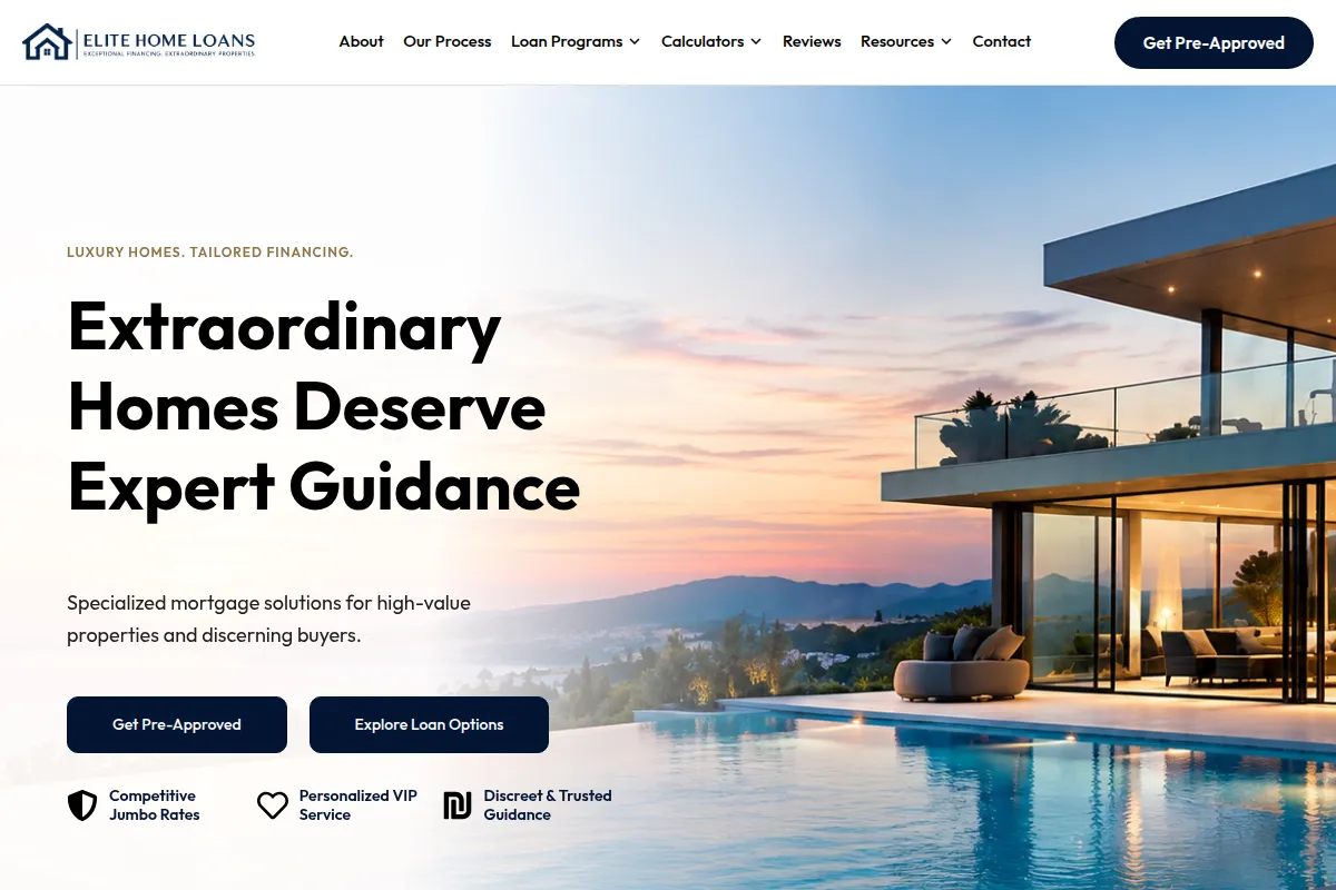 Elite Home mortgage website template homepage showing a loan officer hero section with apply and contact buttons