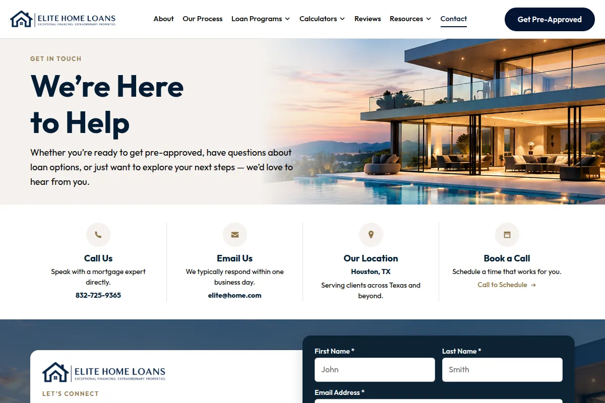 Elite Home mortgage template contact page with phone number, email and short inquiry form