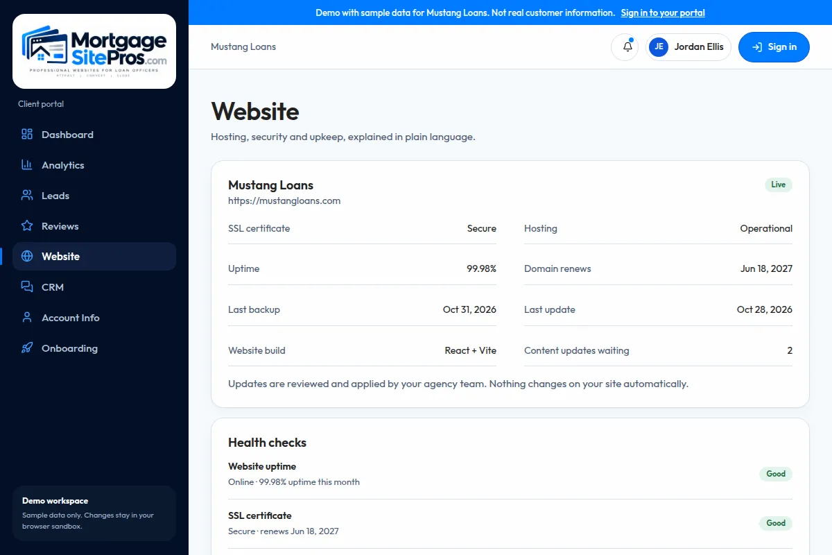 Mortgage Site Pros demo portal website tab with sample site settings, labeled as sample data