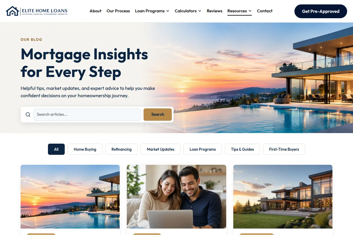 Elite Home mortgage template blog page listing educational articles for home buyers