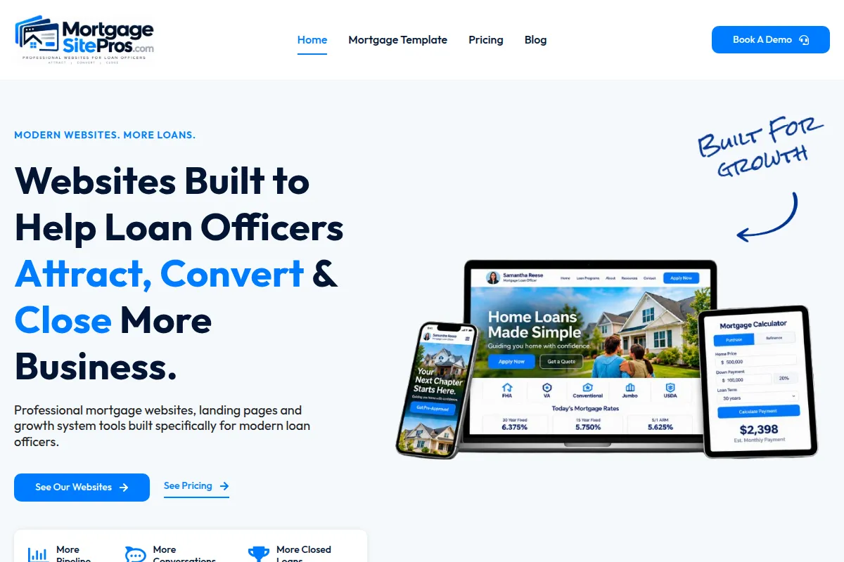 Mortgage Site Pros agency homepage introducing mortgage websites for loan officers