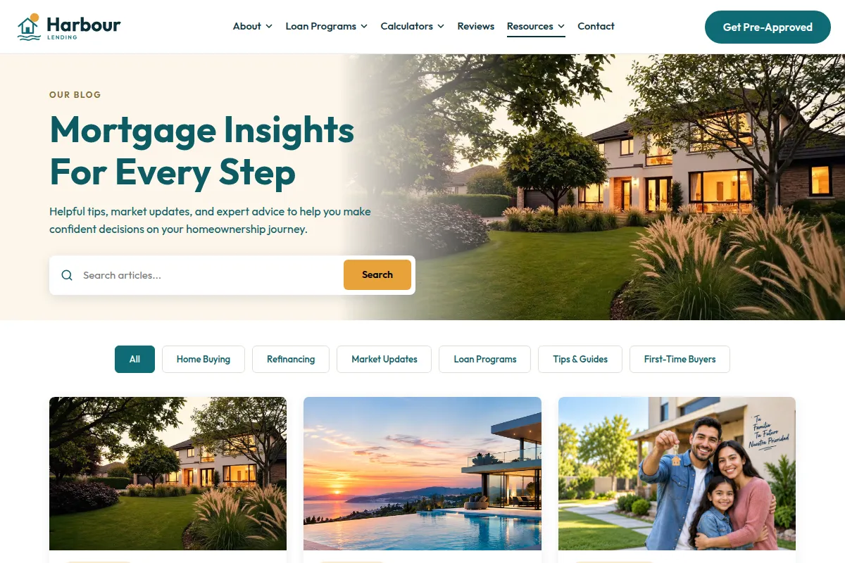 Harbour Lending mortgage template blog page with educational articles for borrowers