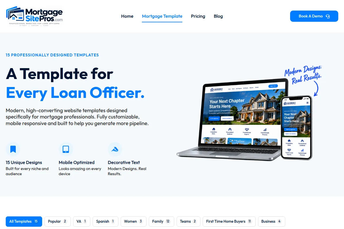 Mortgage Site Pros template gallery showing several mortgage website designs side by side
