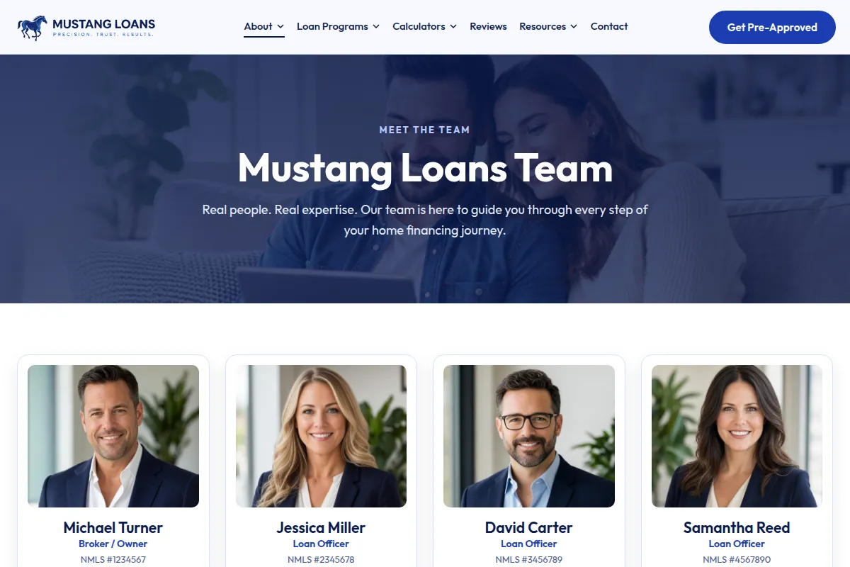 Team Advantage mortgage template team page introducing loan officers with photos and roles
